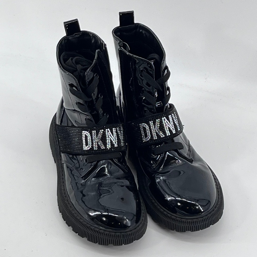 DKNY Rhinestone Logo Patent Combat Boots Black DKN976 Size 5